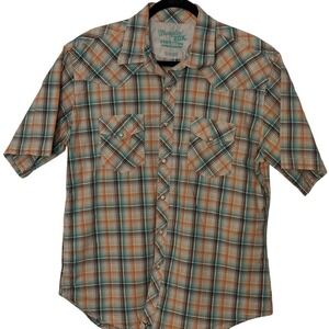 Wrangler 20X Competition Mens Large Orange Teal Plaid Pearl Snap Western Shirt